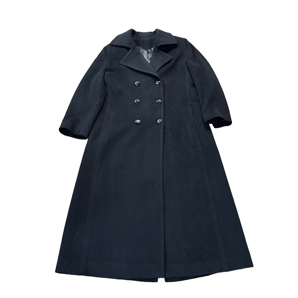 Vintage Fleurette Overcoat Black 100% Cashmere Double Breasted Luxurious Women 8